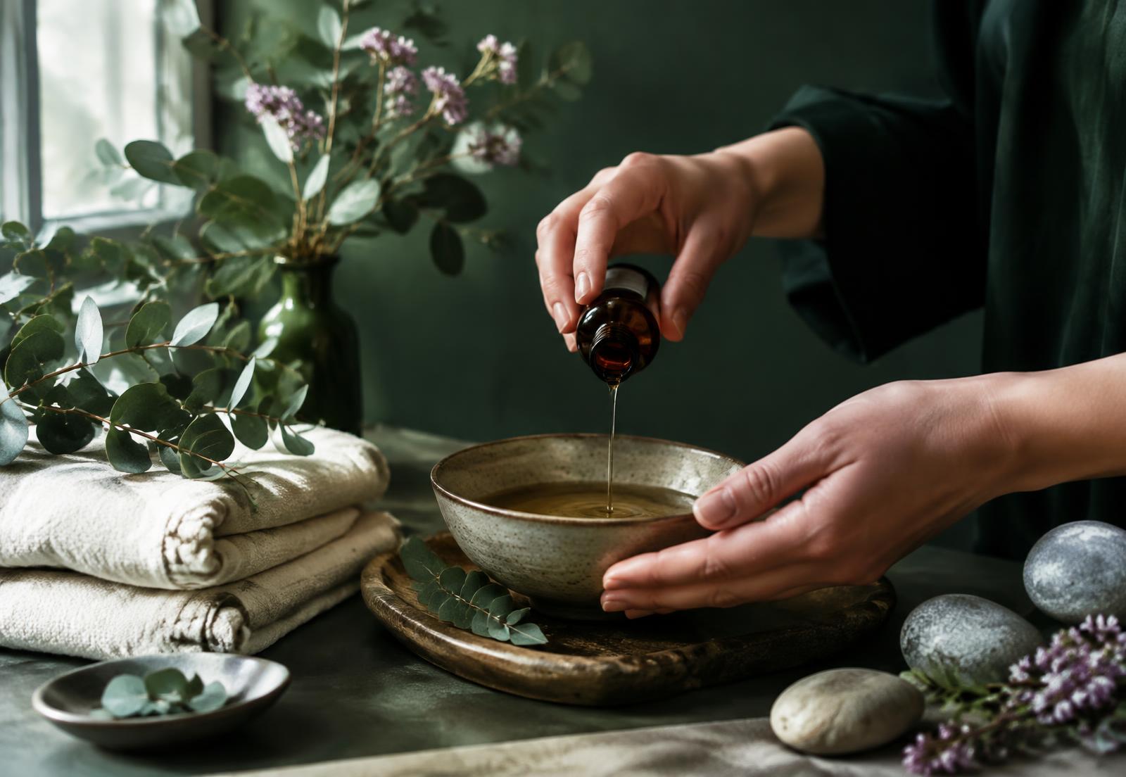 Mãos preparando óleo aromático em uma tigela de cerâmica